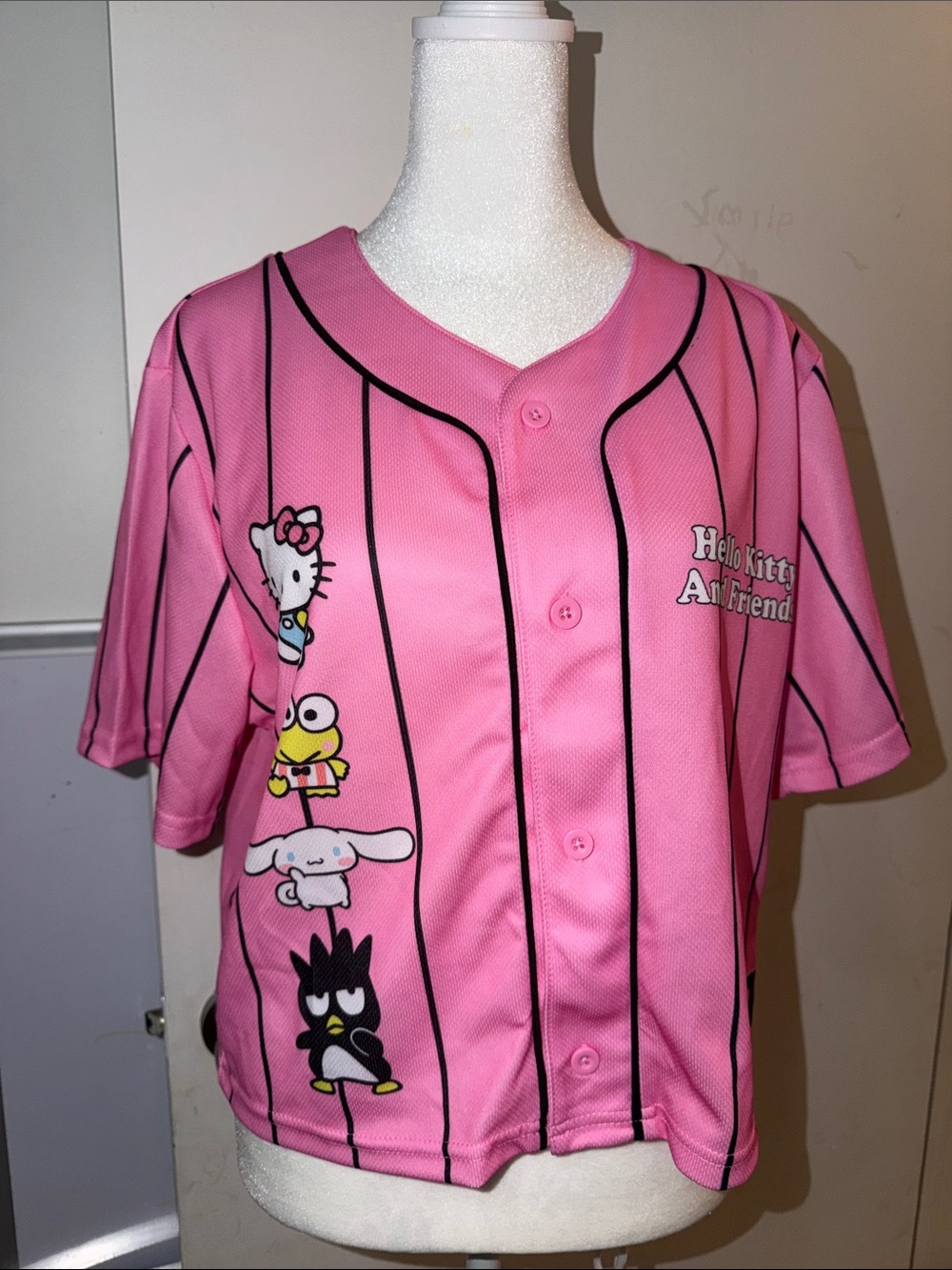Hello Kitty Pink Kids Button-Front Baseball Jersey with Black Pinstripes